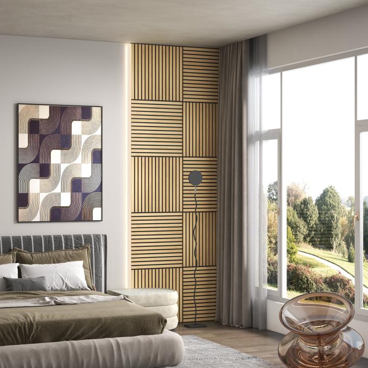 Oak slat acoustic wall panels on bedroom wall with vertical and boxed sections