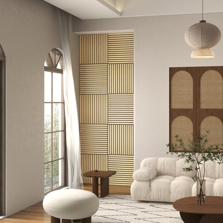 Oak slat acoustic wall panels on corner wall with vertical slats