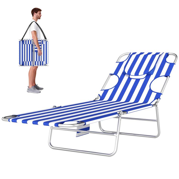 Blue striped reclining chaise lounge with face opening and adjustable metal legs