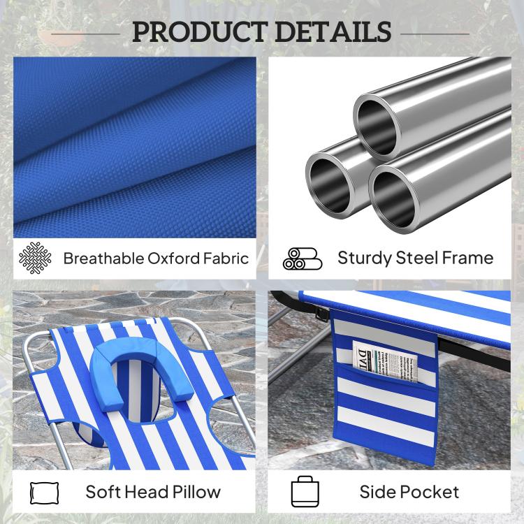 Blue striped lounge chair with soft head pillow, side pocket, breathable fabric and steel frame