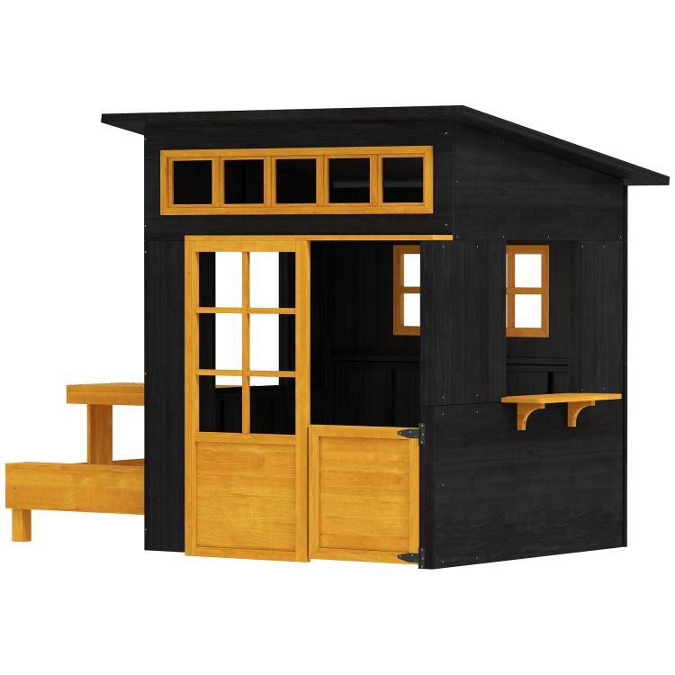 Black wooden playhouse with large front half-door, windows, and side picnic bench