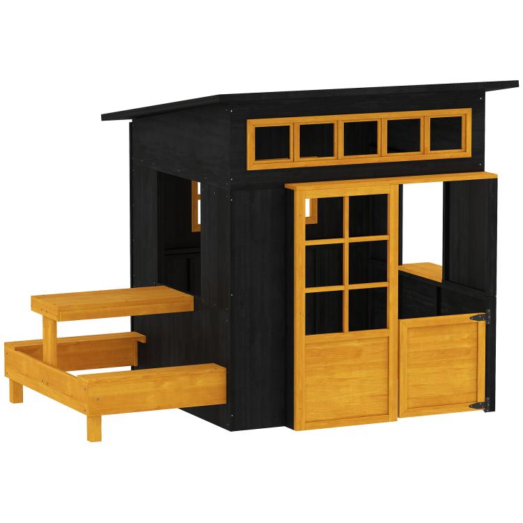 Wooden playhouse with window panel, half door, and picnic table benches
