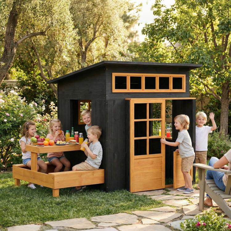 Black wooden outdoor playhouse with picnic table and benches, shown with children outside