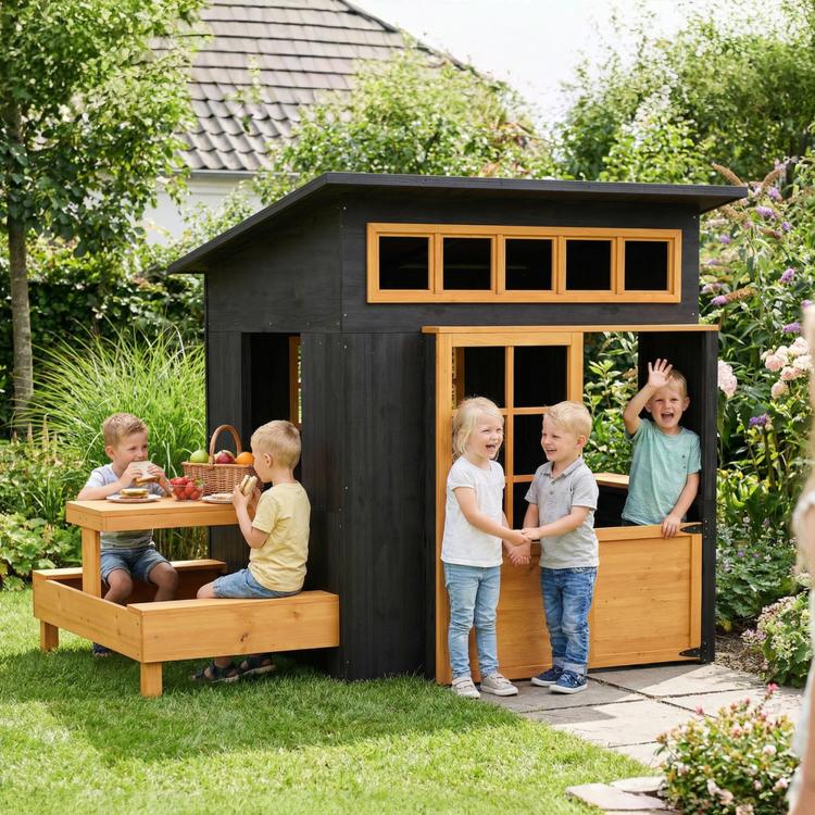 Black wooden kids playhouse with open front door and attached picnic table and bench