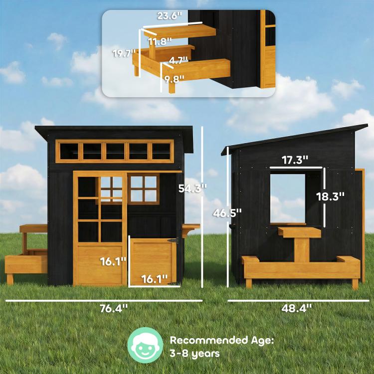 Black wooden outdoor playhouse with picnic table and bench, front and side views