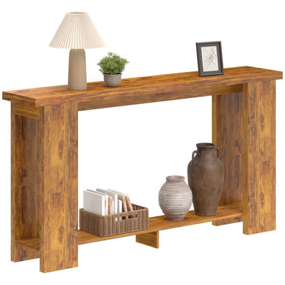 Distressed brown farmhouse console table with thick top and open lower shelf