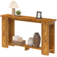 Distressed brown narrow console table with thick tabletop and open center shelf