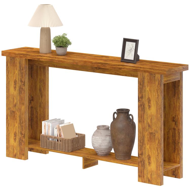 Distressed brown narrow console table with thick tabletop and open center shelf
