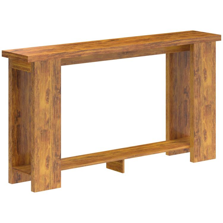 Distressed brown farmhouse console table, open rectangular shelf frame, thick tabletop