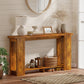 Farmhouse console table in distressed brown with two-tier open storage
