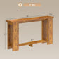 Distressed brown console table showing 63 in length and open lower shelf