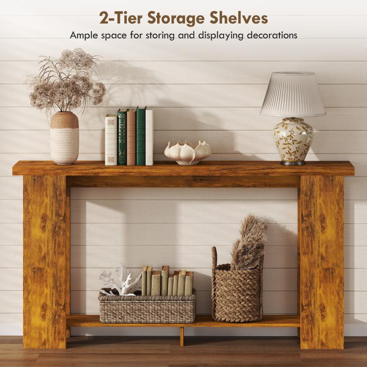 Distressed brown console table featuring two-tier open shelves for storage