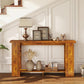 Distressed brown farmhouse console table with thick top and open lower shelf