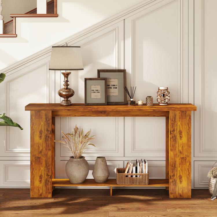 Distressed brown farmhouse console table with thick top and open lower shelf