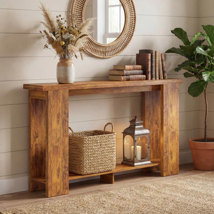 Distressed brown console table with open shelf for lanterns and woven baskets
