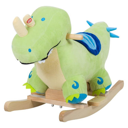 Green plush dinosaur rocking horse toy with blue saddle and wooden rocking base