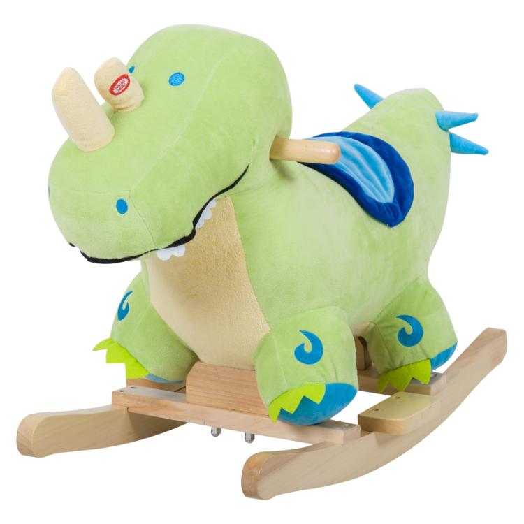 Green plush dinosaur ride-on rocking horse with wooden rocker base and blue spines