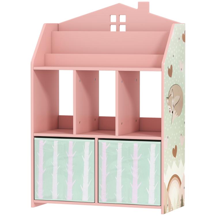 Pink kids book display unit with open shelves and two fabric drawers