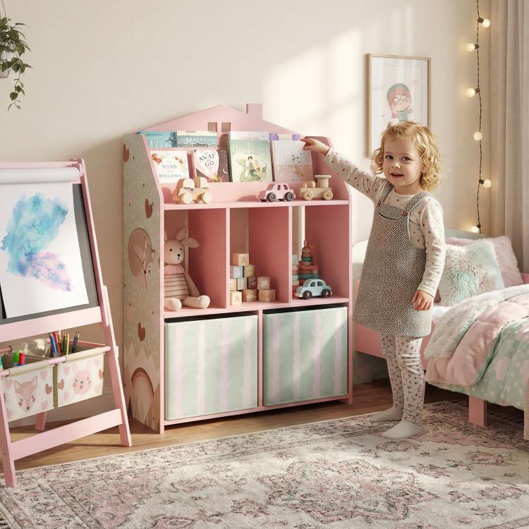 Pink kids bookshelf with toy storage drawers, open shelves, and book display top