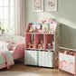 Pink kids bookcase storage with open shelves and fabric drawer bins