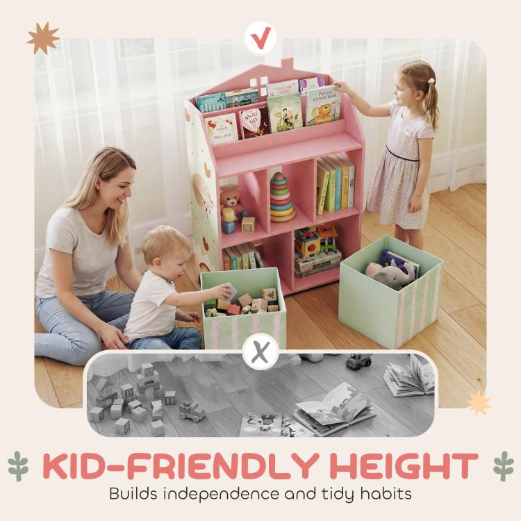 Pink kids bookshelf storage unit with open shelves and fabric drawers