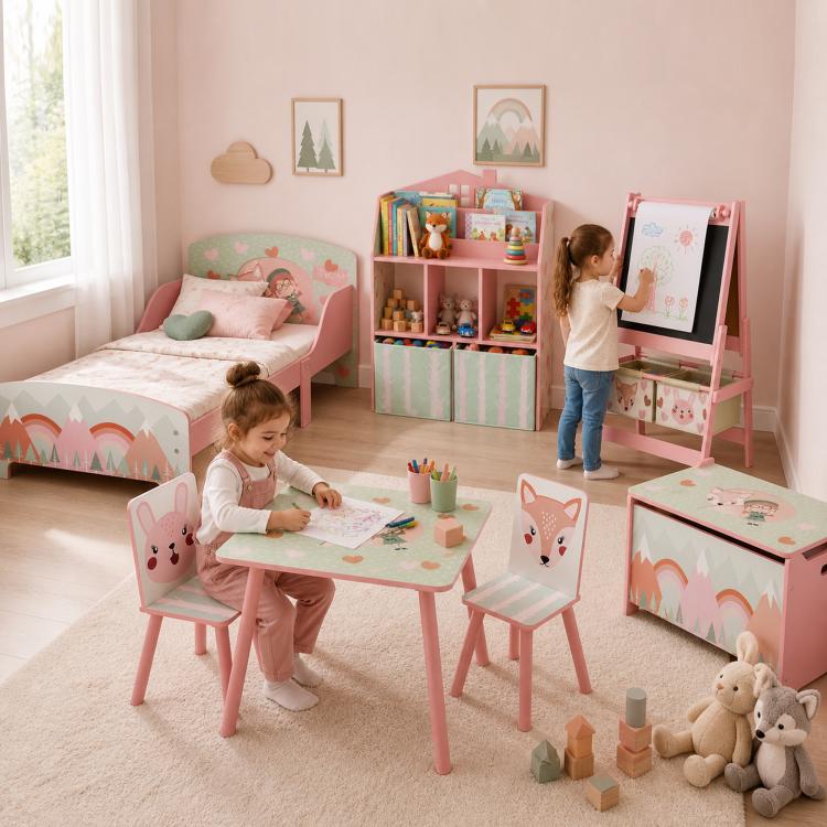 Pink kids bookshelf with book display shelves and fabric storage drawers in playroom