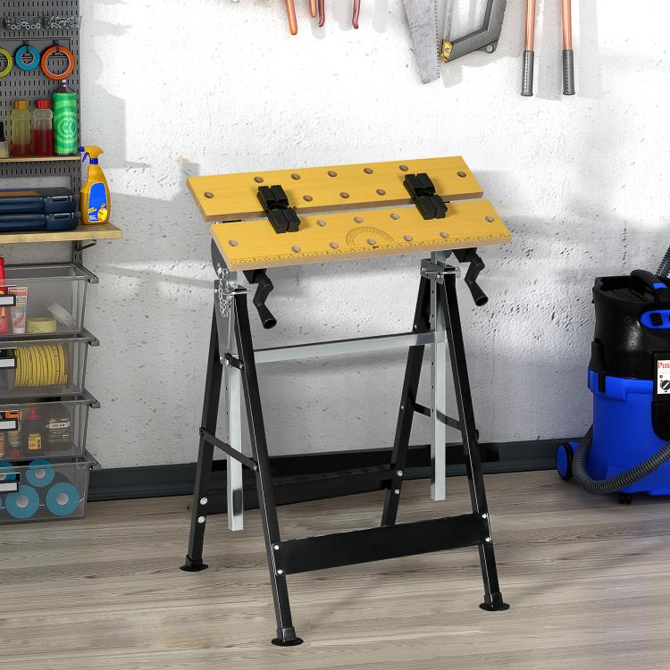 Workbench stand with yellow clamping board and black clamp blocks, sturdy steel legs