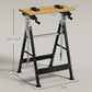 Workbench stand with yellow top and four clamp blocks, height-adjust legs and support braces