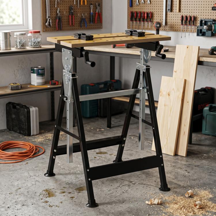 Workbench tool stand with yellow clamping surface, four black clamps, and black steel legs