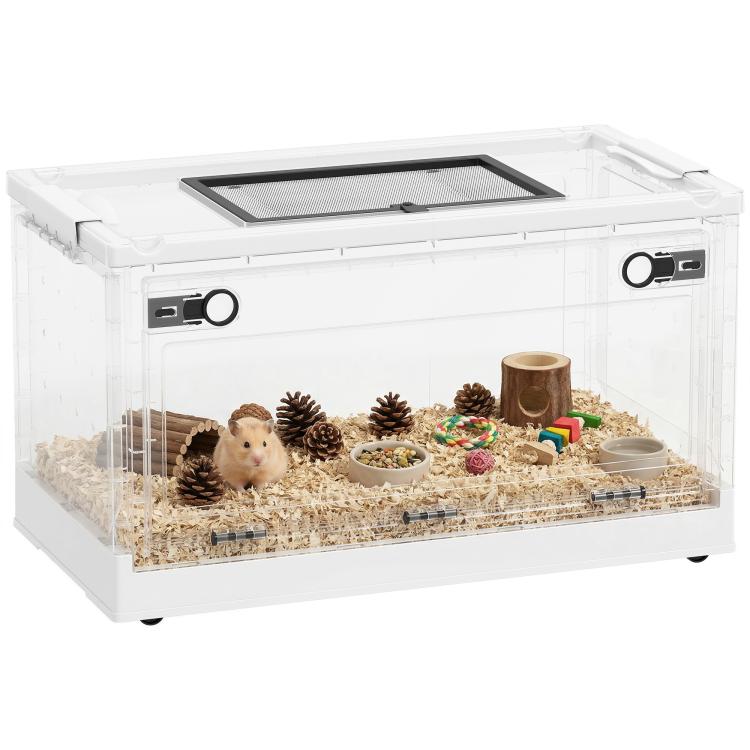 Clear plastic small animal cage with top mesh vent and front access doors