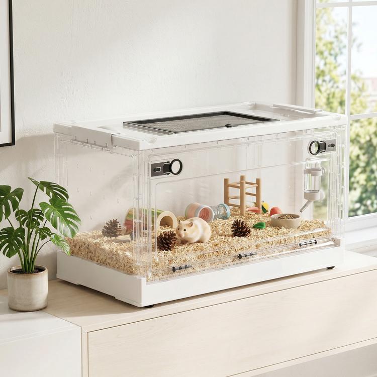Transparent small animal enclosure with top mesh vent and front doorway