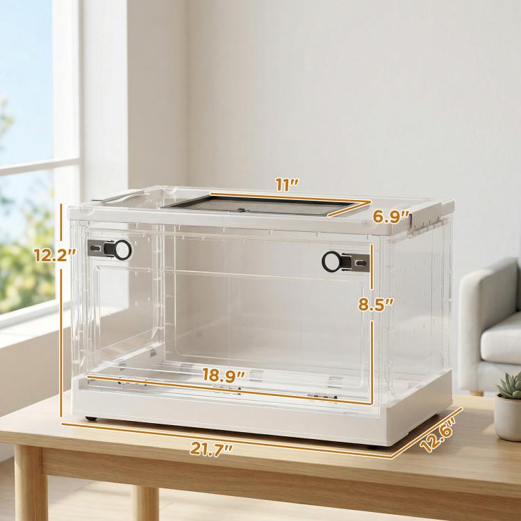Clear hamster cage with front doors and measured height and width view