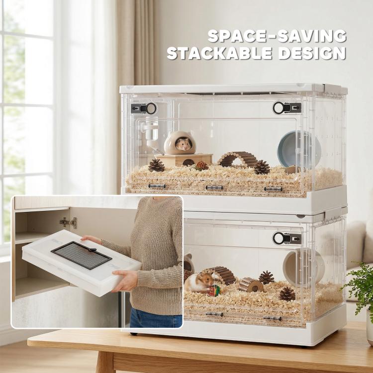 Stackable clear small animal cage design with two levels and front access