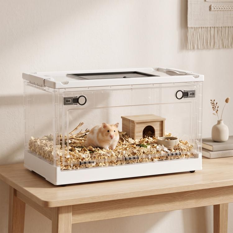 Clear hamster cage with top mesh vent, wooden hideout, and front access door