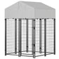Outdoor dog kennel with black welded wire panels and white roof, enclosed playpen frame
