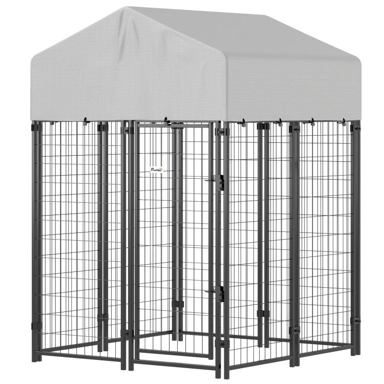 Outdoor dog kennel with black welded wire panels and white roof, enclosed playpen frame