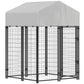Heavy-duty welded wire outdoor dog kennel with gray roof cover, hinged door