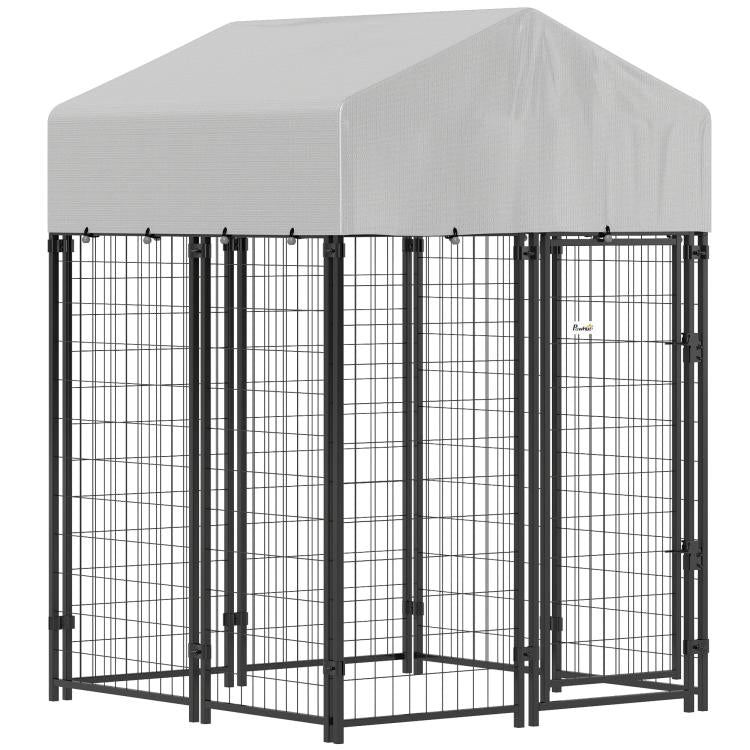 Heavy-duty welded wire outdoor dog kennel with gray roof cover, hinged door