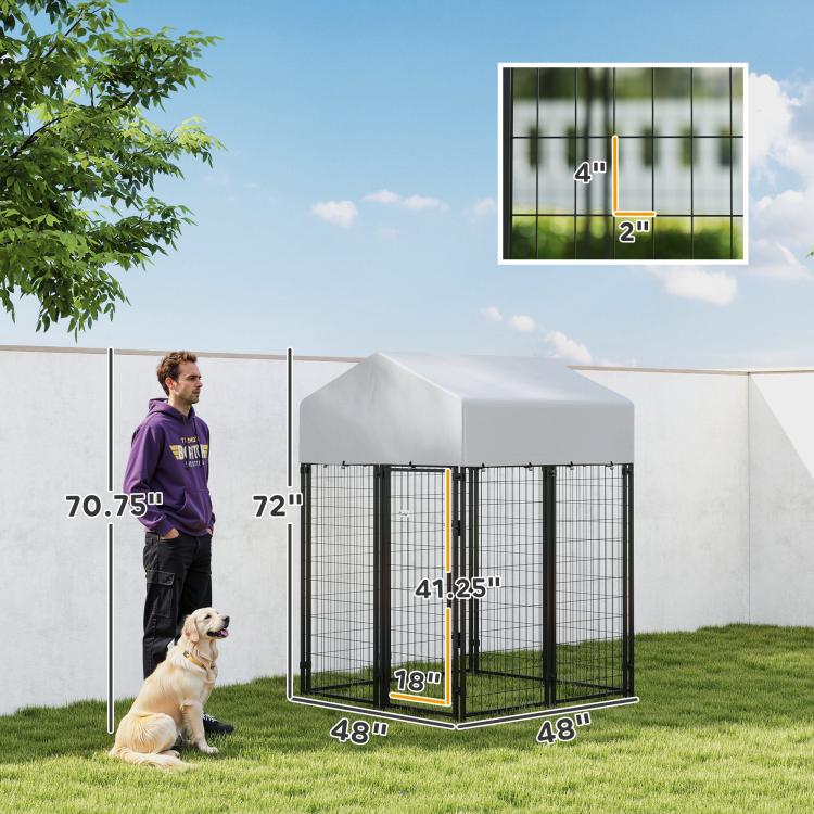 Outdoor dog kennel with white roof and black welded wire frame, square playpen enclosure
