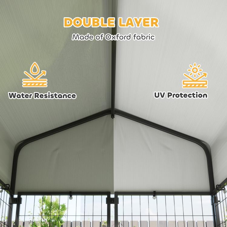 Outdoor dog kennel roof with double-layer fabric and black welded wire side walls