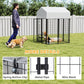 Outdoor dog kennel with white roof and black wire mesh panels, secured latch on door