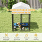 Outdoor dog kennel with white roof and black wire enclosure, blue raised platform inside