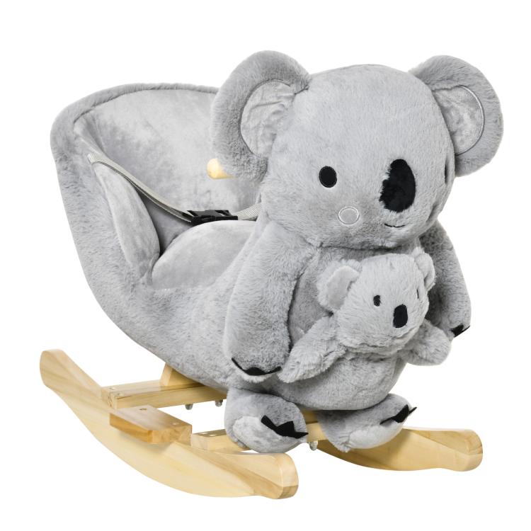 Gray koala-shaped plush rocking horse with small joey and wooden rockers