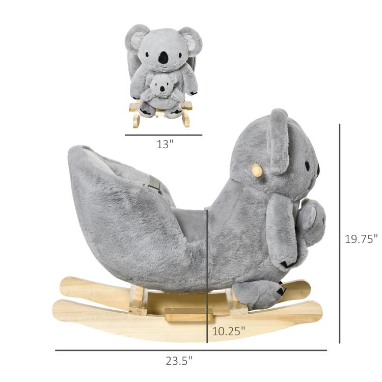 Gray koala rocking horse with plush body, wooden rockers, and included stuffed doll
