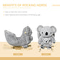Gray koala rocking horse front and side views with wooden rocker base