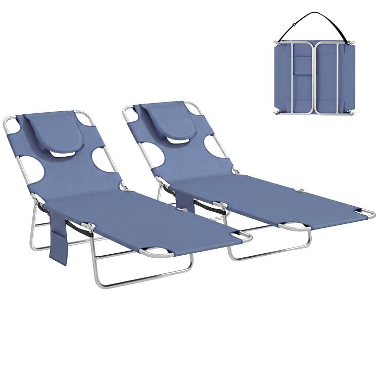 Two-pack adjustable outdoor chaise lounges, dark blue fabric, face openings, padded headrests, steel frame