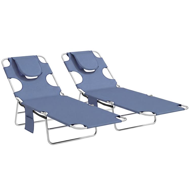 Pair of gray adjustable chaise lounges with face openings, headrest, and 5-step frame
