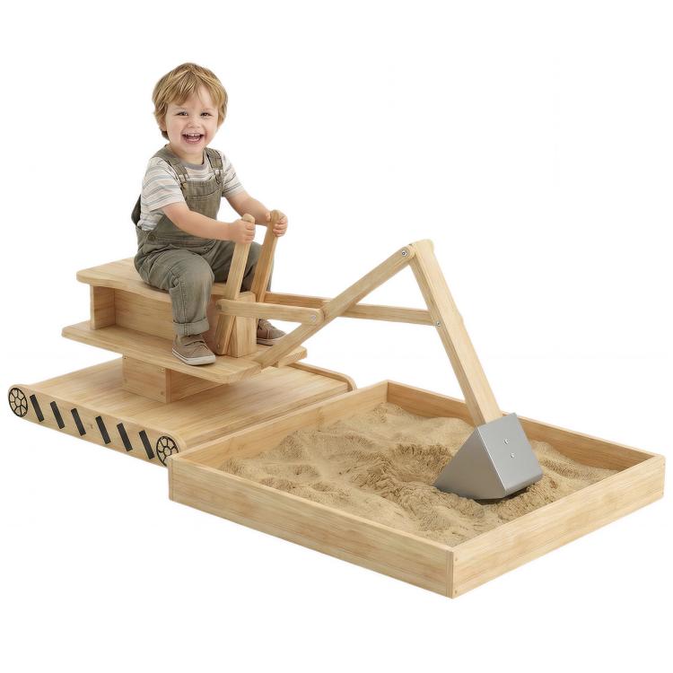 Wooden kids sandbox with digger and rotating seat, light wood frame and sand tray