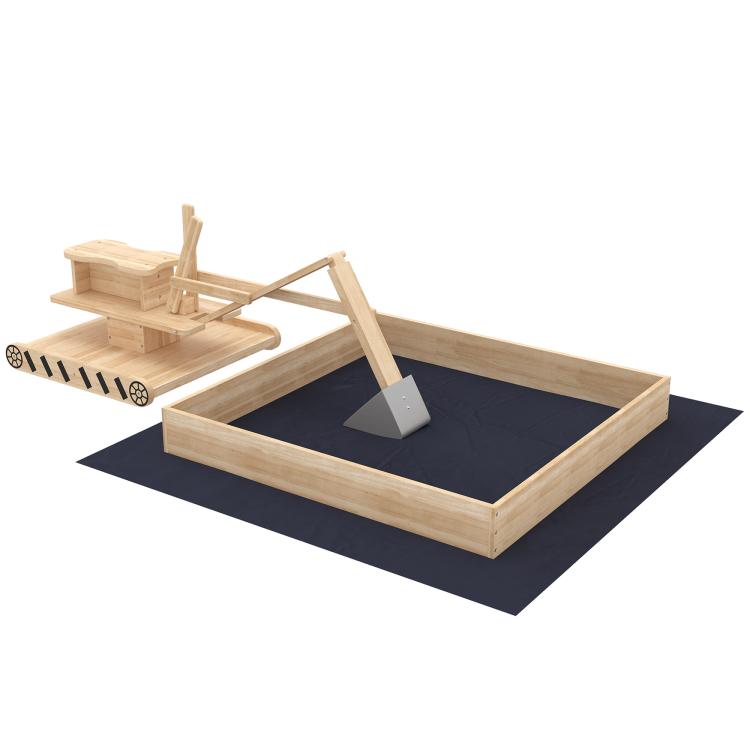 Wooden sandbox with rotating seat, dark bottom liner, and gray digger shovel