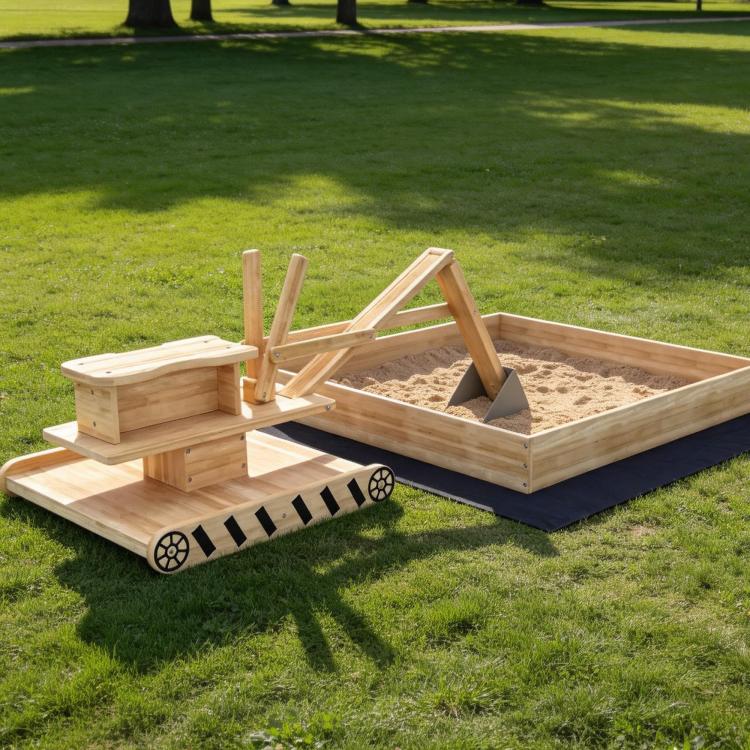 Wooden kids sandbox with sand and attached wooden digger tool on base